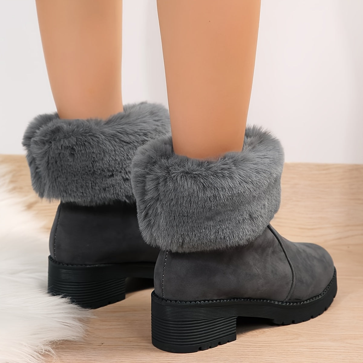 Chunky Heels Snow Boots Non Slip Plush Lined Furry Slip On Snow Shoes