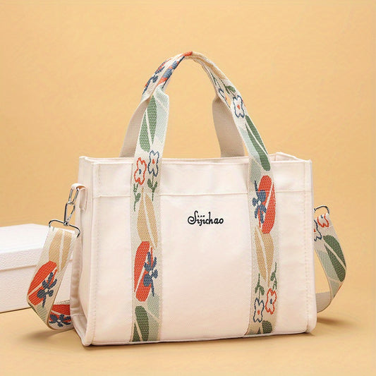 Canvas Tote Handbag with Flower Print Strap