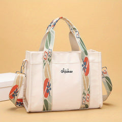 Canvas Tote Handbag with Flower Print Strap