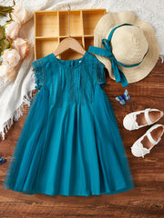 Toddler Girls Lace Trim Princess Dress & Straw Hat Set