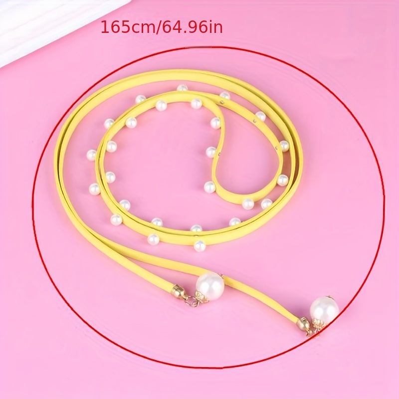 Faux Pearl Decor Thin Belt Lace Up Candy Sash Belt Pendant Waistband