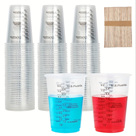 Plastic Measuring Cups 8 Oz Disposable Mixing Cups with Wooden Mixing Sticks