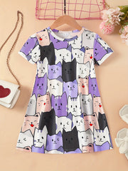 Girls Casual Kitten Graphic Dress for Summer Holiday Party Kids Clothes