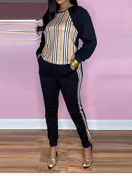 Women's Plus Striped Print Raglan Sleeve Top & Joggers Set