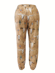  Western Style Bull Skull Print Joggers