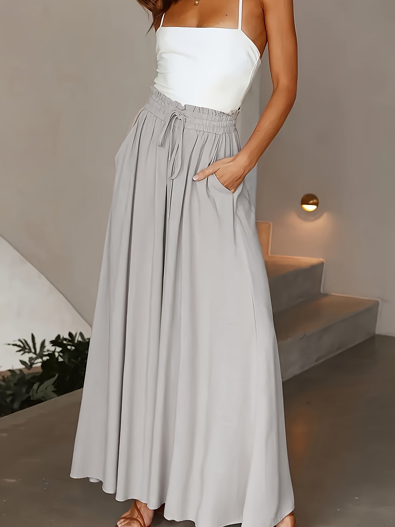  Solid Wide Leg Trousers With Pockets