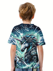 Unicorn Warrior 3D Print Boy's Tee Short Sleeve Comfy T shirt Kids Summer Clothi