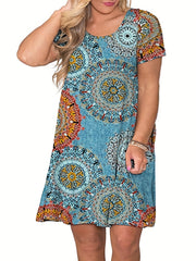  Women's Rose Print Short Sleeve Midi Dress With Pockets