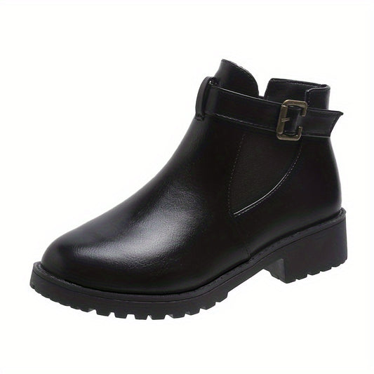 Women's Buckle Ankle Boots Round Toe Block Heel Shoes