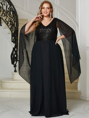  Sequin Decor Cloak Sleeve V Neck Maxi Evening Formal Dress