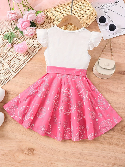 Girls' Cartoon Print Flying Sleeve Dress For Party Going Out