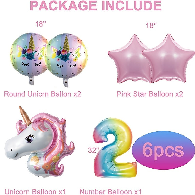6pcs 32" Gradient Number Unicorn Balloon Set Pink Star Birthday Decor