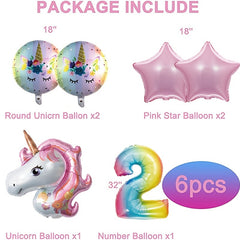 6pcs 32" Gradient Number Unicorn Balloon Set Pink Star Birthday Decor