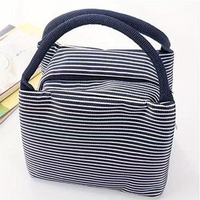 Striped Pattern Zipper Lunch Bag Lightweight Insulated Satchel