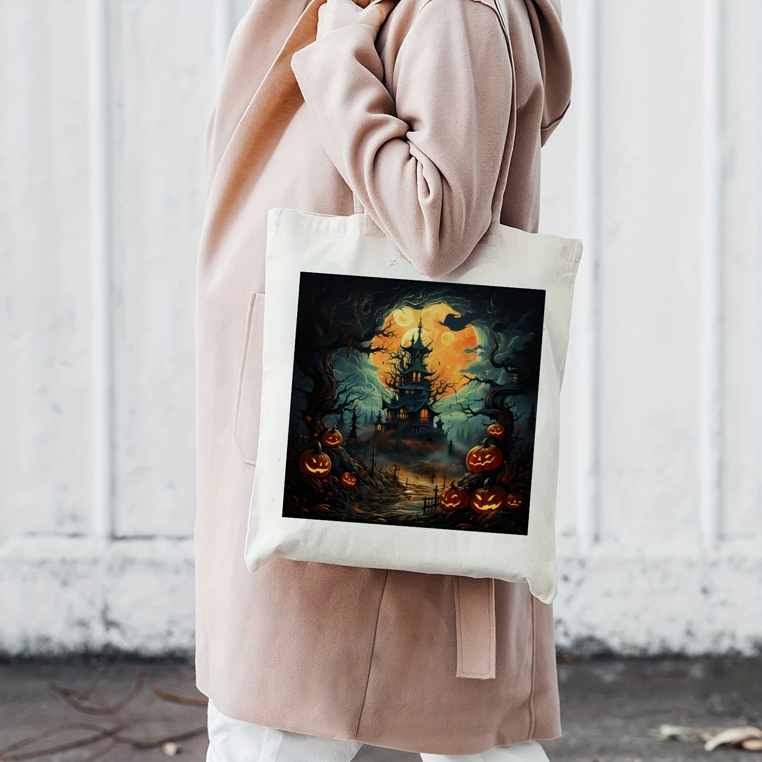 Jack o' lantern Pattern Canvas Shoulder Bag All Match Halloween Storage