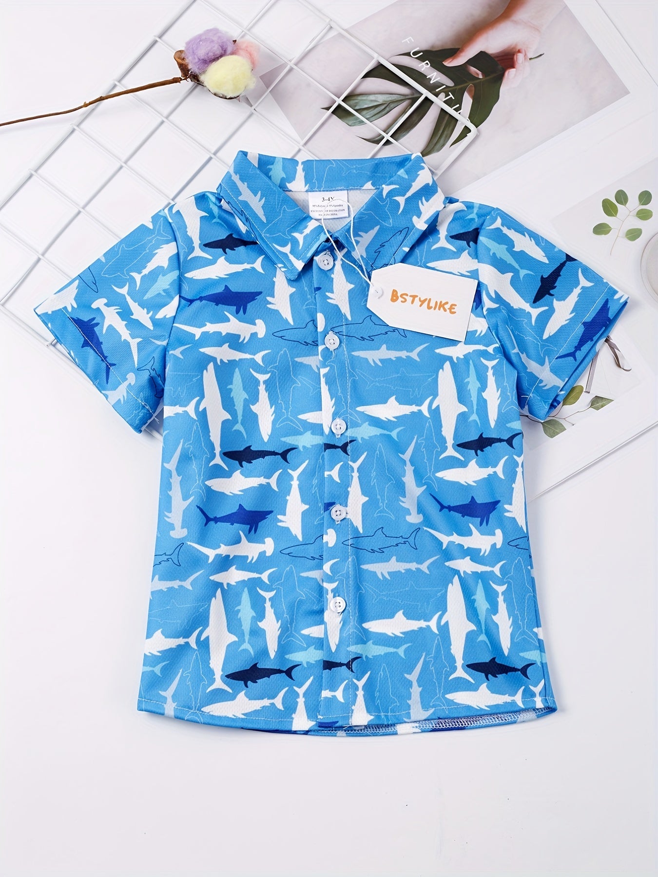 Shark Boys Casual V neck Button Up Shirts For Summer