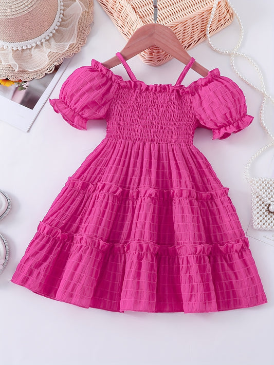 Toddler Girls Cold Shoulder Princess Dress Frill Trim Shirred Party Beach Vacati
