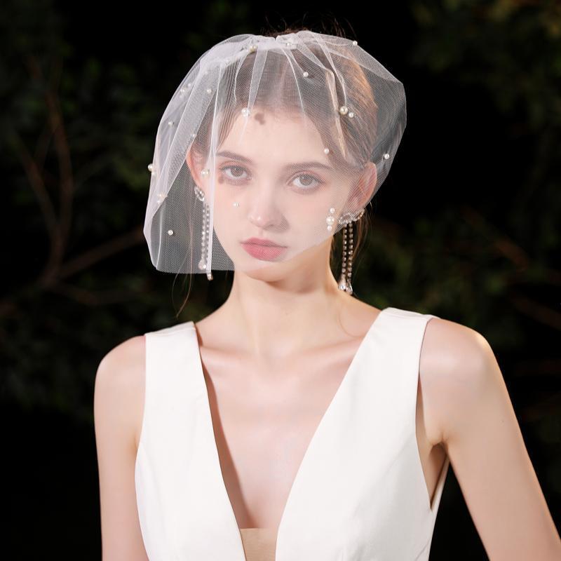 Vintage Style Bridal Veil with Beaded Detail Mesh Overlay for Wedding Photos