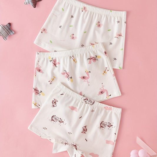 3pcs Girls Boxer Briefs Elastic Waist Cartoon Animals Print Underwear