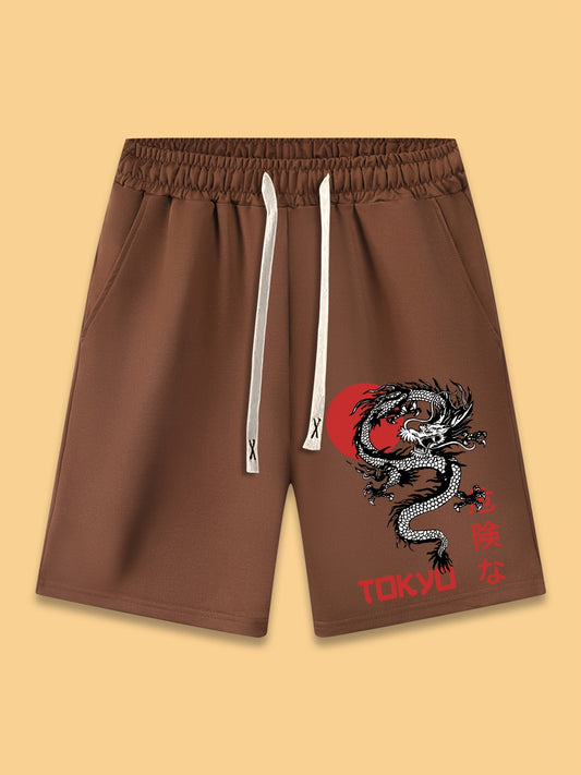 Dragon Print Casual Sportswear Men's Shorts with Pockets