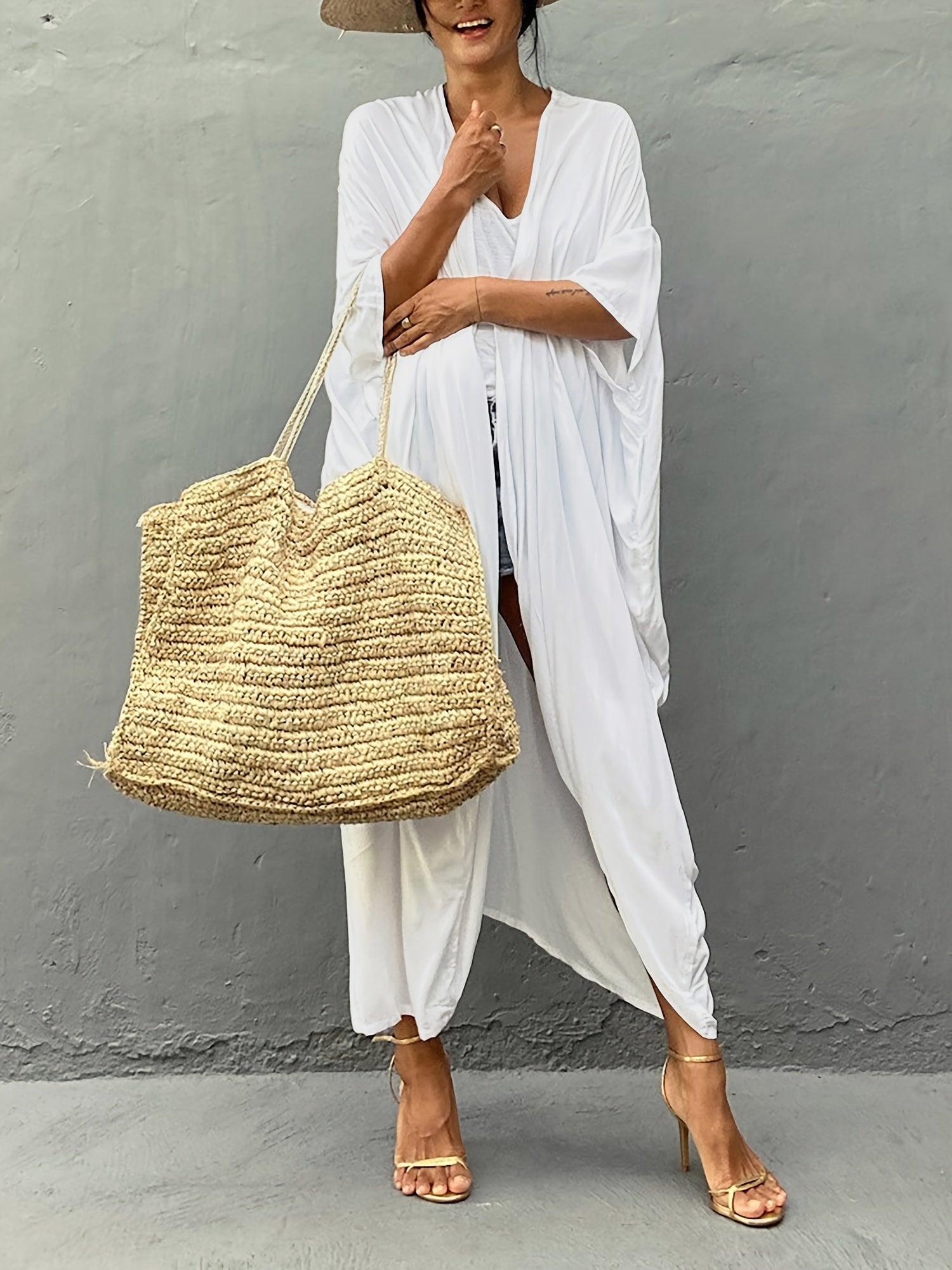  Solid Open Front Batwing Sleeve Beach Kimono