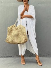  Solid Open Front Batwing Sleeve Beach Kimono