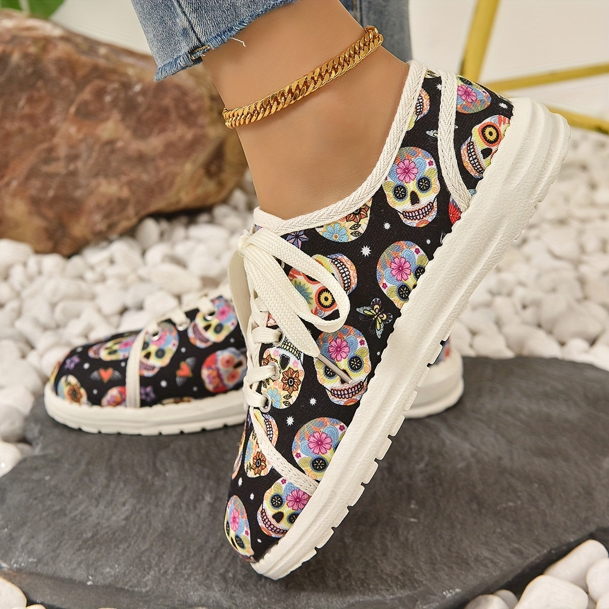 Colorful Skull Graphic Sneakers Lace Up Flat Canvas Shoes