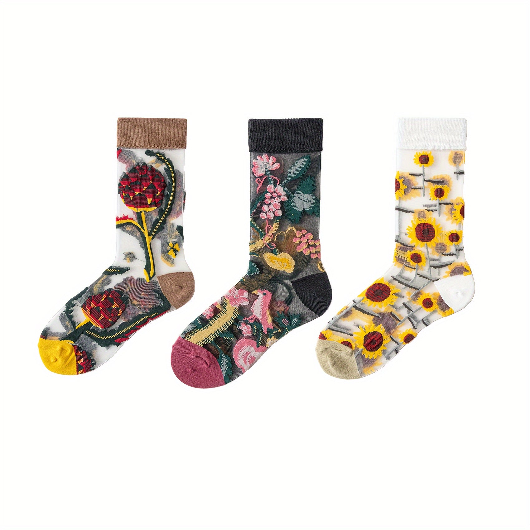 3 Pairs Floral Print Socks Women's Stockings & Hosiery