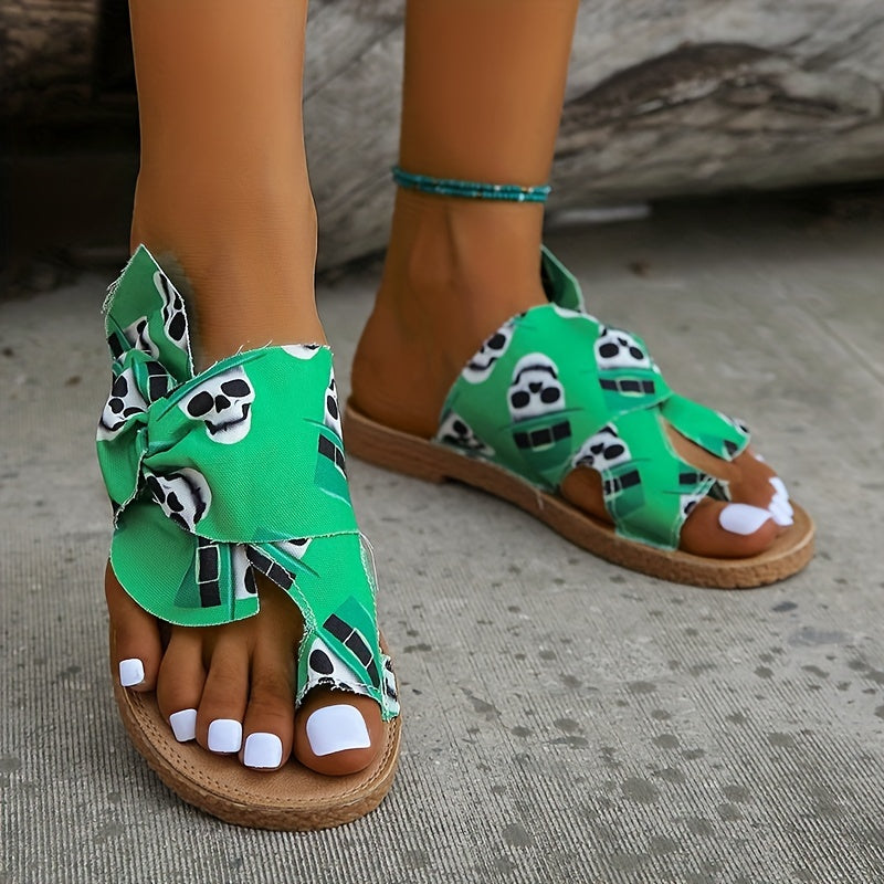 Women's Skull Print Slide Sandals Casual Loop Toe Bowknot Decor Shoes