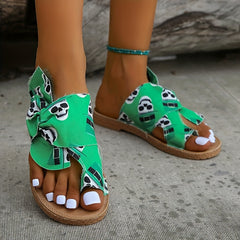 Women's Skull Print Slide Sandals Casual Loop Toe Bowknot Decor Shoes