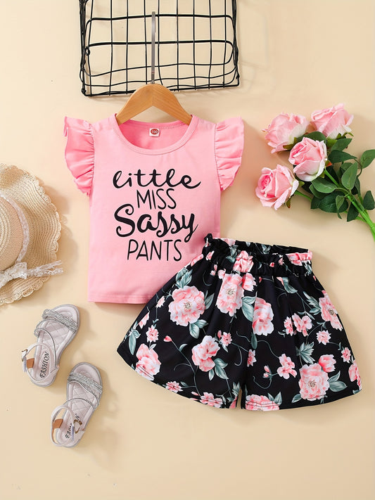 2pcs Toddler Girls Little Miss Sassy Top & Floral Shorts Set