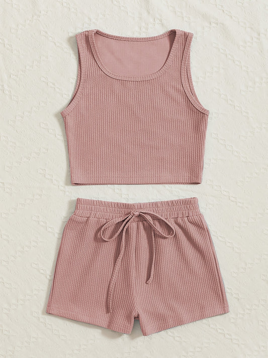 Girl's Ribbed Tank Top & Shorts Set Solid Casual Outfits for Summer