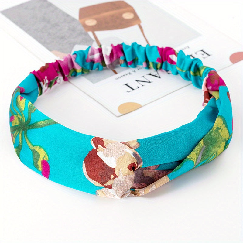Retro Printed Wide Headband Cross Knotted Elastic Leopard Prints Hair