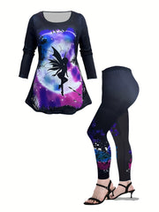 Women's Plus Fairy Print Long Sleeve Tee & Leggings Set