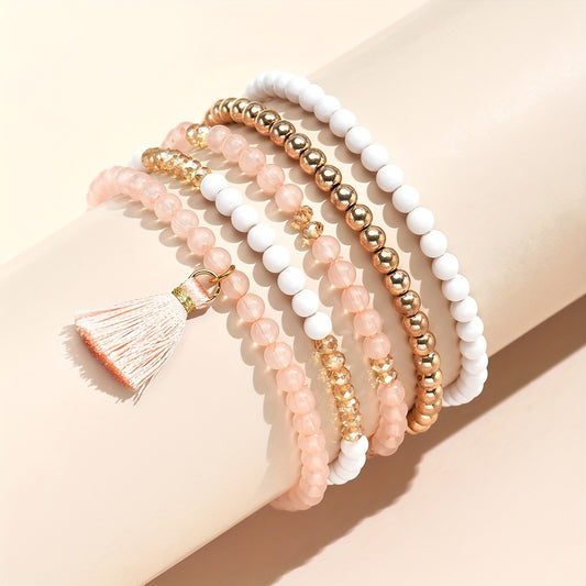 Boho Tassel Pendant Beaded Bracelet Set Hand Jewelry 5 Pcs