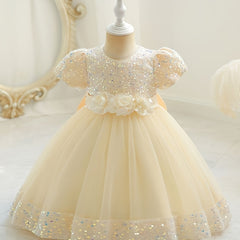 Baby Girls Flower Bowknot Decor Puff Sleeve Mesh Sequin Princess Dress