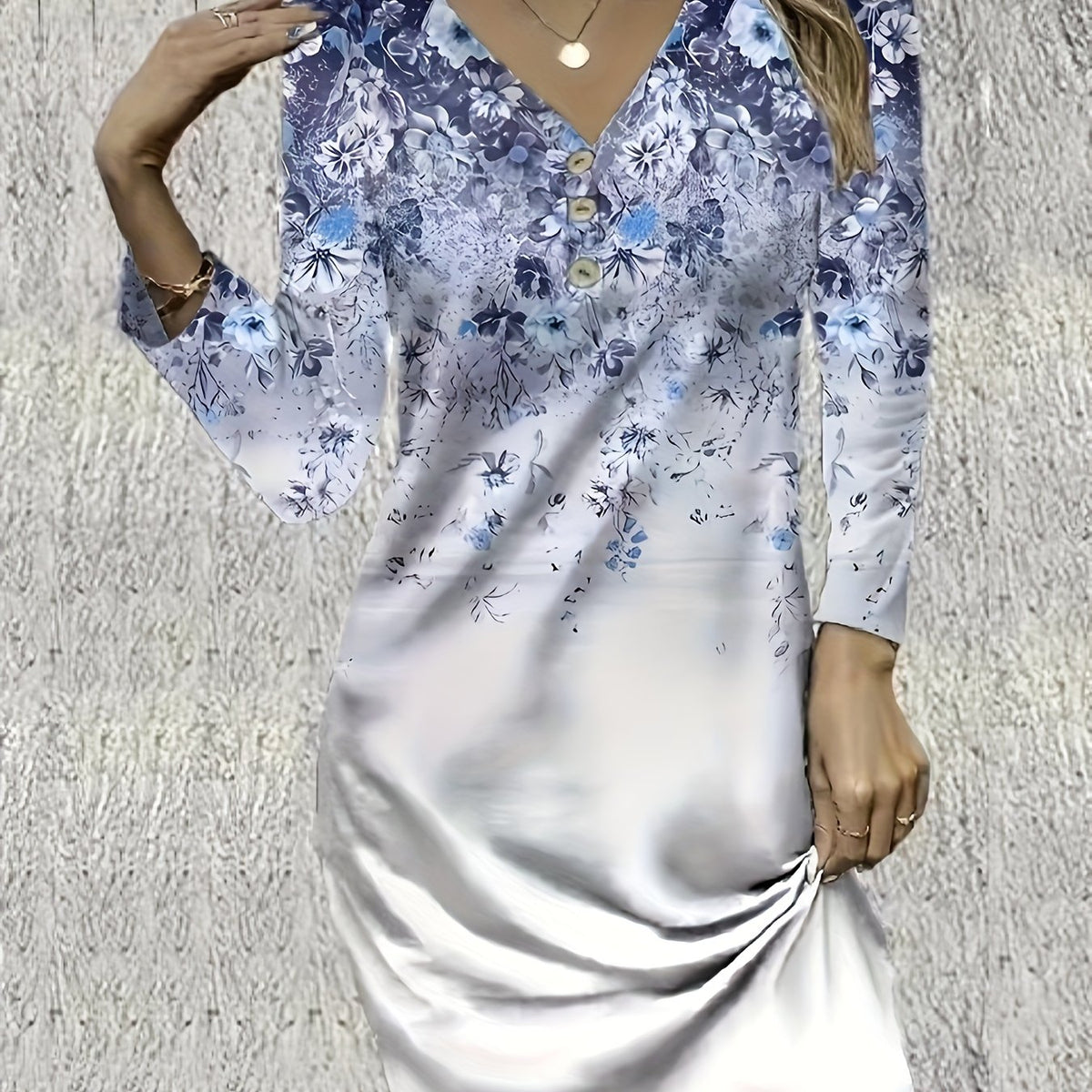  Sexy Dress Women's Plus Floral Print Button Decor Long Sleeve V Neck