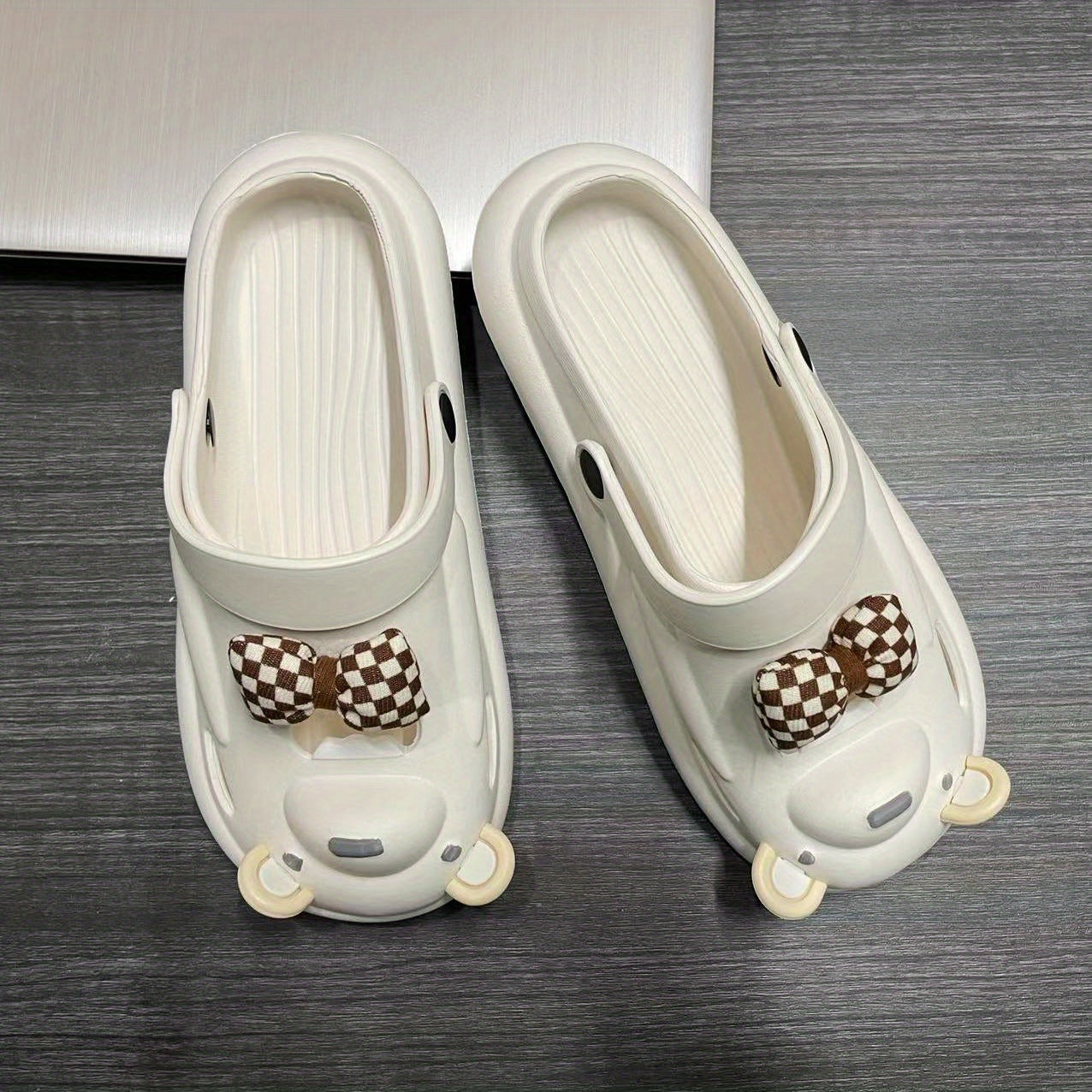Women's Bear Clogs Checkered Bowknot Closed Toe Sandals