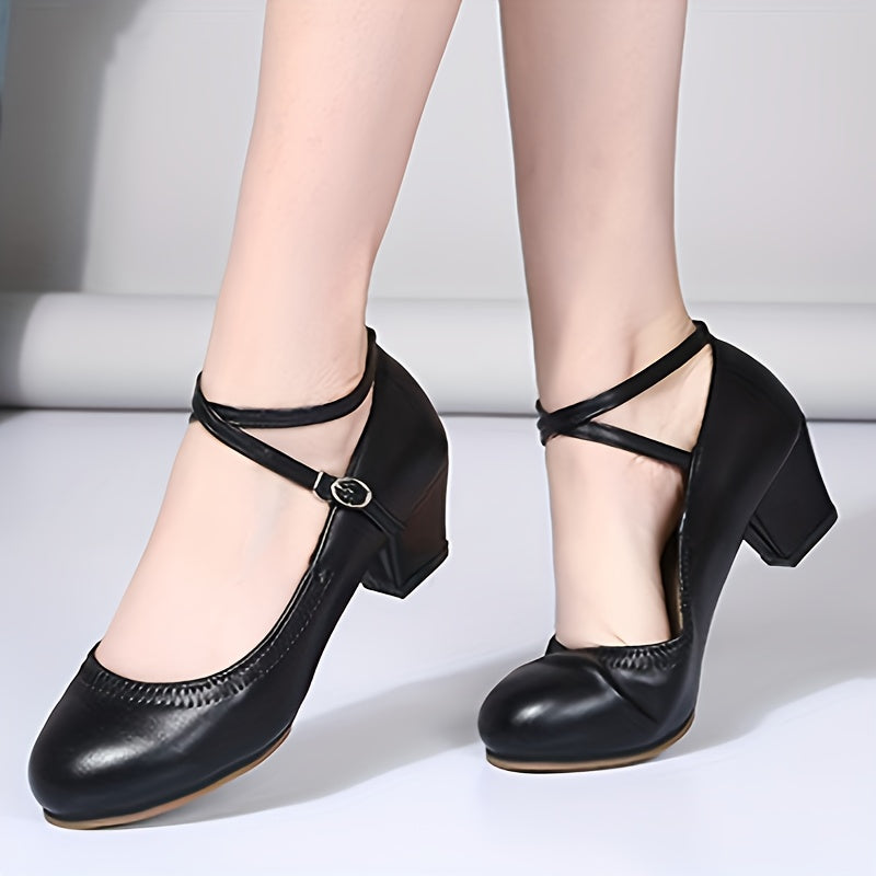 Women's Dance Shoes Cross Strap Chunky Heel Pumps