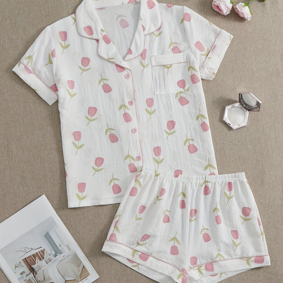 Floral Print Lounge Set Short Sleeve Top & Shorts Women's Loungewear
