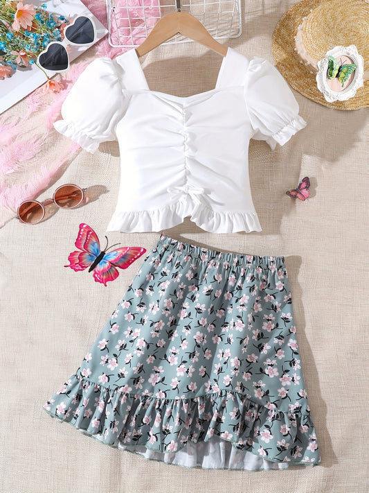 Girl's Summer 2 Piece Crop Top Short Set Floral Pleated Mini Skirt