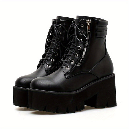 Women's Side Zip Platform Boots Lace Up Round Toe Shoes