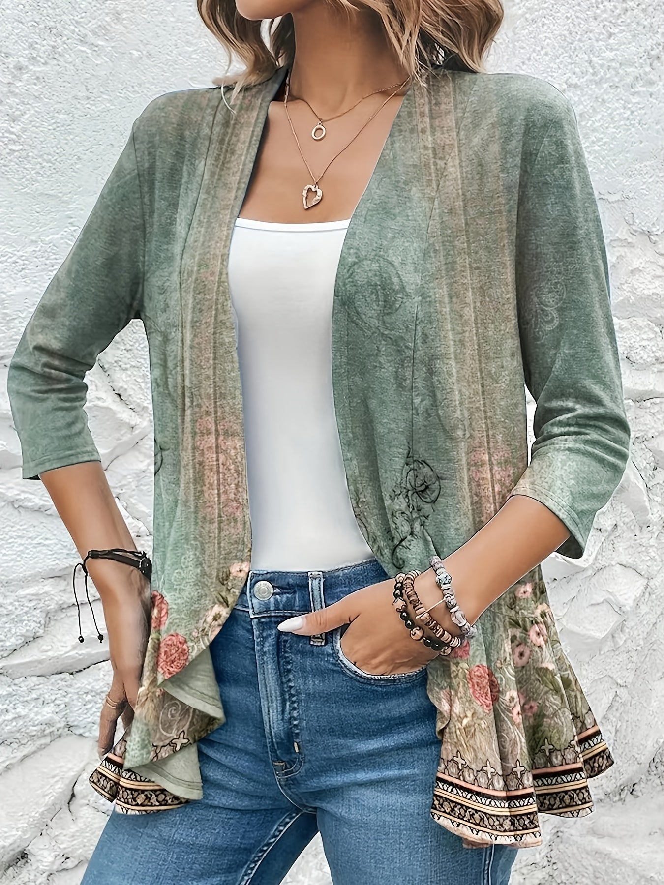  Floral Print Half Sleeve Open Front Cardigan