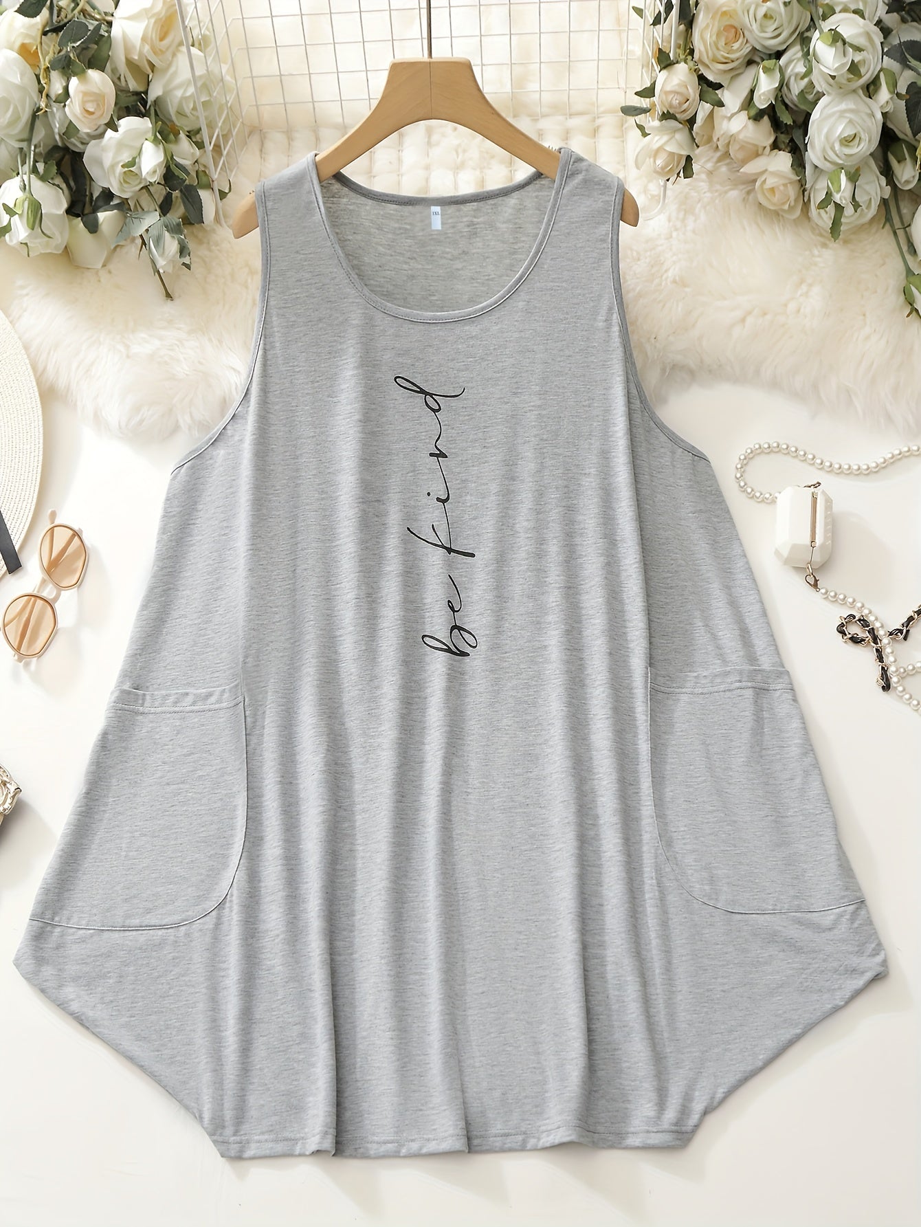  Slogan Print Tank Dress With Pockets