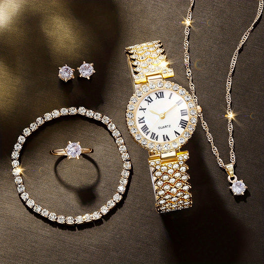 Rhinestone Decorated Quartz Watch & 5pcs Jewelry Set for Girls