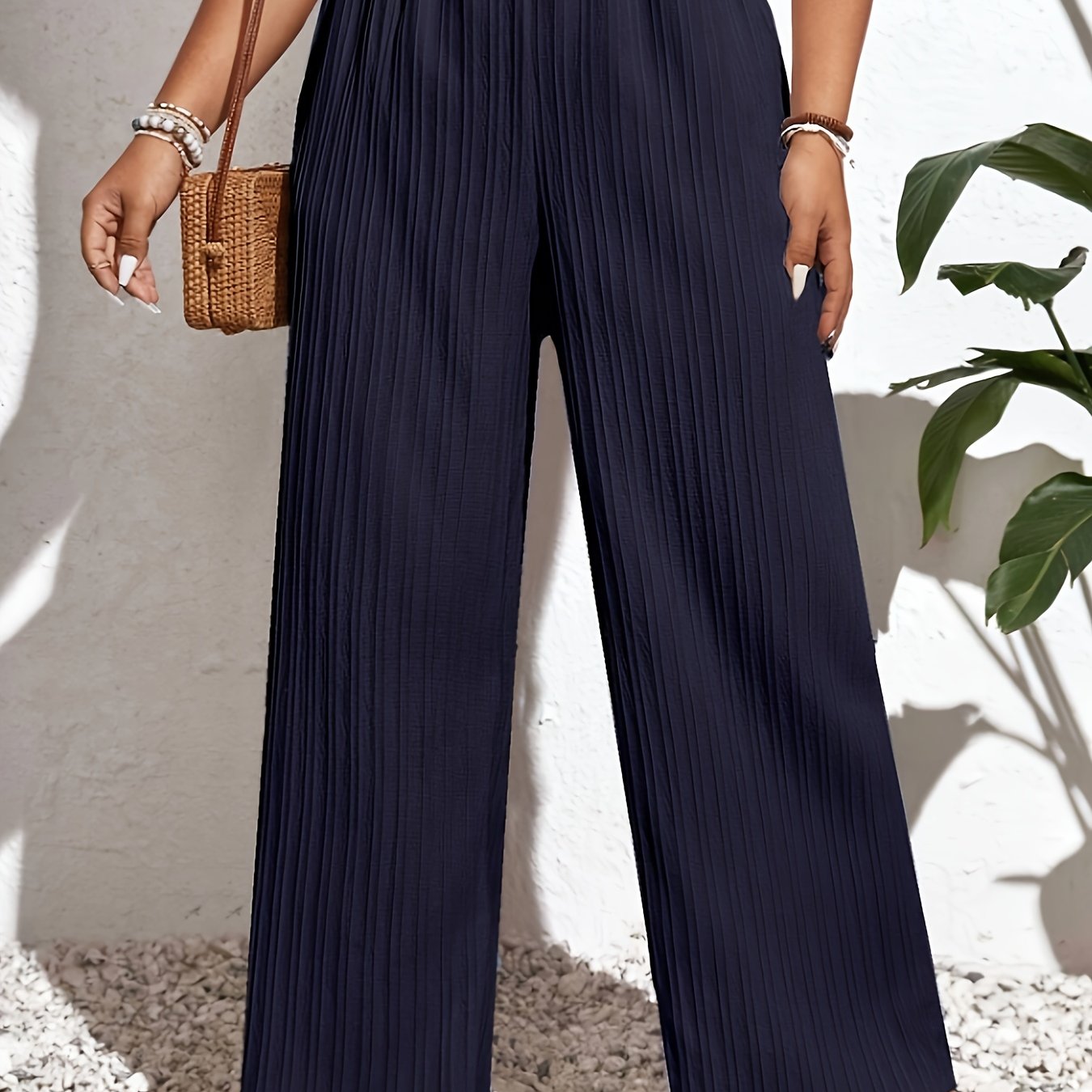 Plus Size Solid Ribbed Wide Leg Trousers