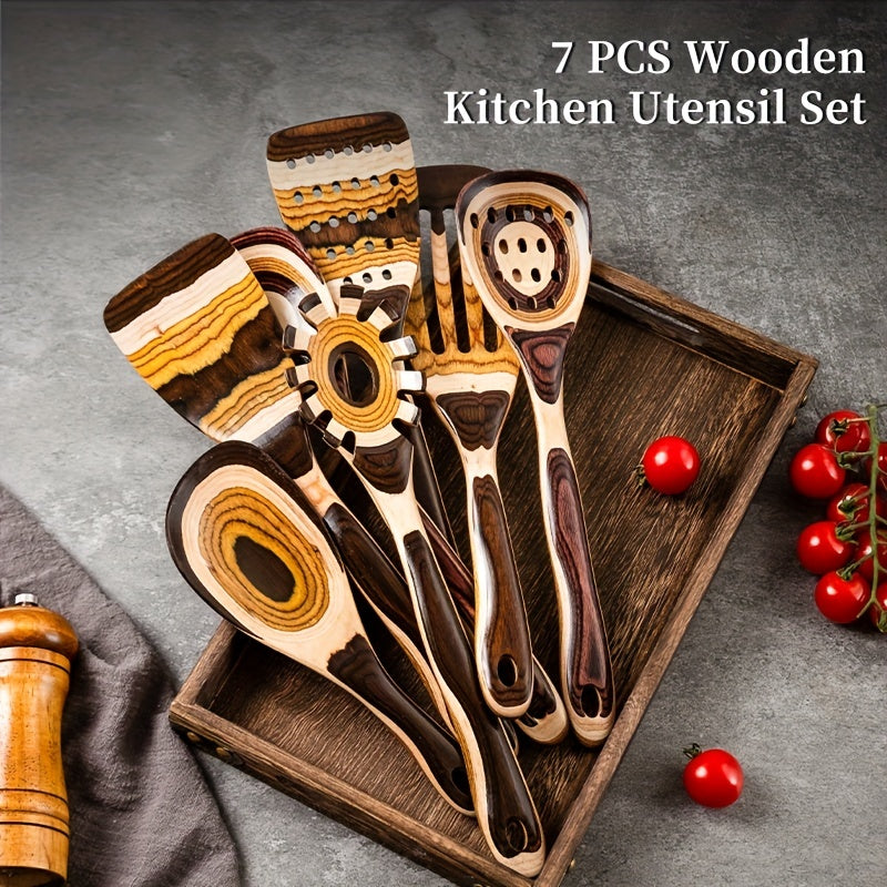 7pcs Pakkawood Kitchen Utensils Heat Resistant Spatula Spoon Frying Shovel
