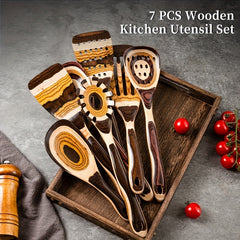 7pcs Pakkawood Kitchen Utensils Heat Resistant Spatula Spoon Frying Shovel