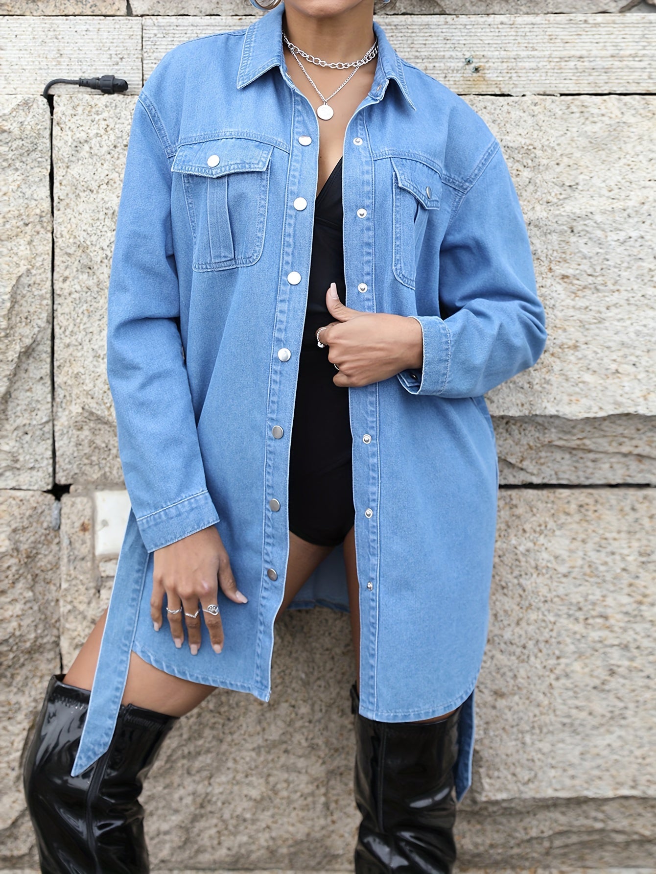 Long Sleeves Long Denim Jacket Single Breasted Button Lapel Denim Coat