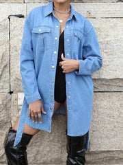 Long Sleeves Long Denim Jacket Single Breasted Button Lapel Denim Coat